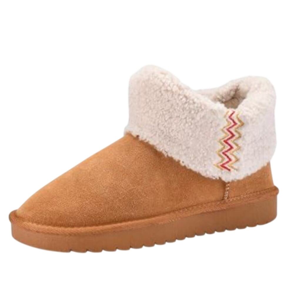 Chestnut Suede Fuzzy Cuff Mini Ankle Boots Chevron Braid Accent Size 8